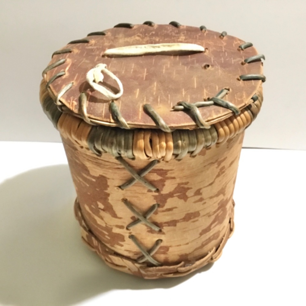 Vintage First Nations Birch Bark Basket With Lid